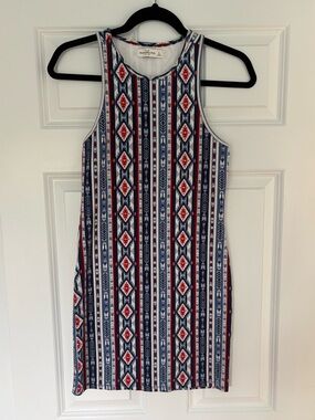 Abercrombie & Fitch Red, Navy & White Aztec-Stripe Sleeveless Mini Dress | Small